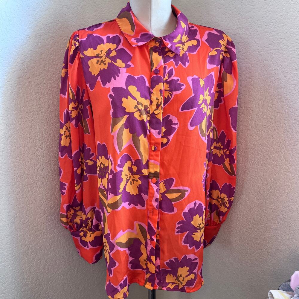 BTFBM orange purple floral vibrant long sleeve button down blouse womens XL New